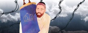 Illustration of man in a yarmulke hugging a large Torah scroll with gloomy clouds and barbed wire in the background